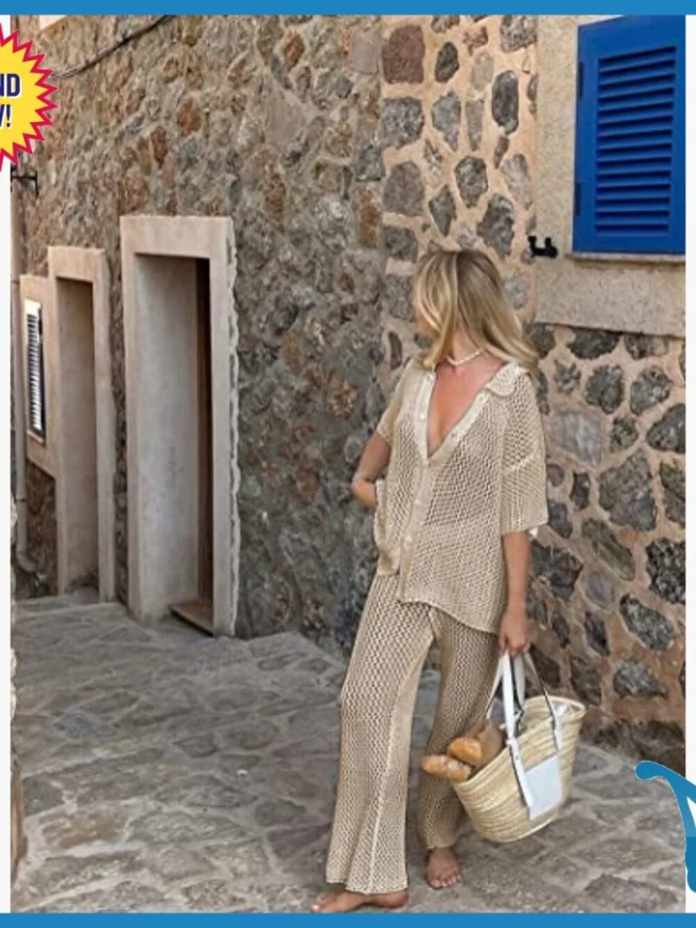 Medium Acrylic Hollow Out Swimsuit Cover Up Set with Button Top Drawstring Pants